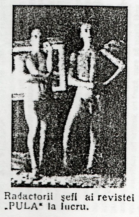 Fig. 3: Jules Perahim (stânga), Gherasim Luca (dreapta), Redactorii șefi ai revistei «PULA» la lucru, performance publicat în „Pulă”, 1 octombrie 1931, p. 4.