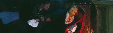 Ilia Repin, „Gogoli sjîgaiet rukopisi vtoroi ceasti 'Mertvîh duș'” [„Gogol arde manuscrisul părții a doua din 'Suflete moarte'”] (1908), ulei pe pânză, 81 x 134,5 cm, Galeria de Stat Tretiakov, Moscova.